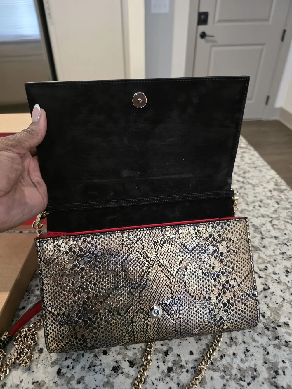 Gold Studded Snake-Texture Clutch with Pink Shoulder Pad